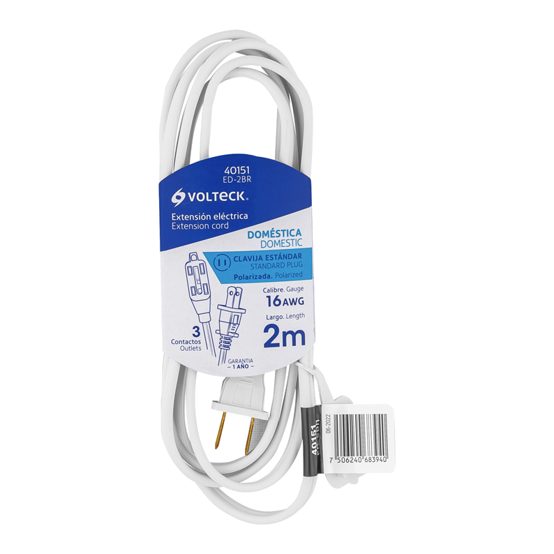 Extensión Eléctrica VOLTECK, Uso Doméstico, Longitud 2 Metros, Calibre 16 AWG, Clavija Recta, TRUPER ED-2BR