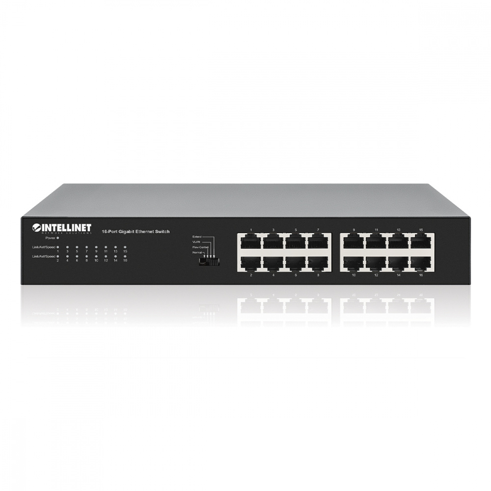 Switch No Administrable de 16 Puertos, 10/100/1000 Mbps, 8192 Entradas, Montaje en Rack, INTELLINET 561815