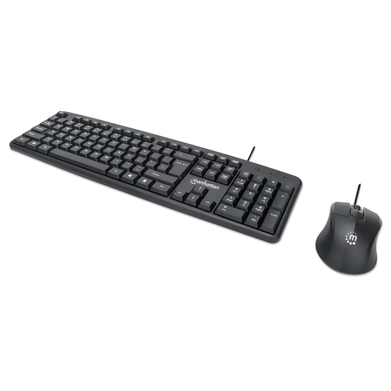 Kit de Teclado y Ratón (Mouse) Óptico, Cableados USB, 1000ppp, Color Negro, MANHATTAN 178464