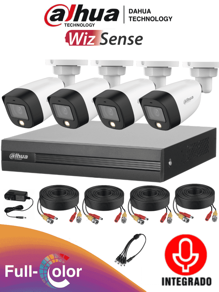 Kit de 4 Canales Full Color de 2 MP con Audio, DVR Cooper-I WizSense, Con IA, 4 Cámaras Full Color de 2 MP con Micrófono Integrado, 4 Ch + 1 IP/ 4 Ch SMD Plus, Accesorios Incluidos, DAHUA DH-KIT/XVR1B04-I/4-HFW1239CN-A-LED-0280B
