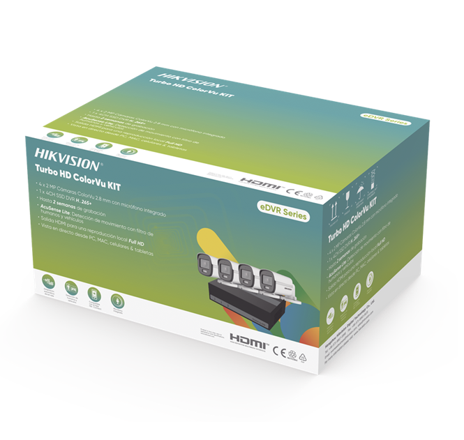 Kit TurboHD 1080p, DVR 4 Canales, Unidad de Almacenamiento eSSD 300 GB, 4 Cámaras Bala ColorVu con Micrófono Integrado, Fuente de Poder, Accesorios de Instalación, HIKVISION HK-E-1080-CV/A