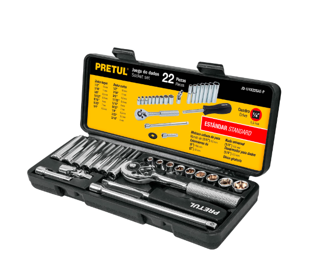 Juego PRETUL de 22 Herramientas 1/4" std para Mecánico, TRUPER JD-1/4X22SAE-P