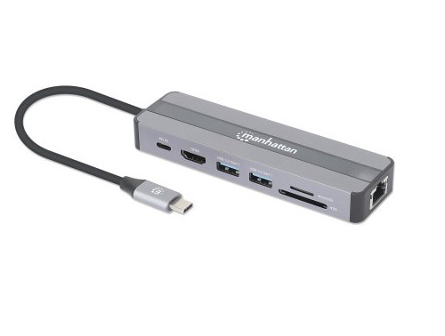 Docking Station (Hub) Interfaz USB C, 2x USB 3.2, 1x USB C, 1x HDMI, SD/MicroSD, Color Plata, MANHATTAN 153928