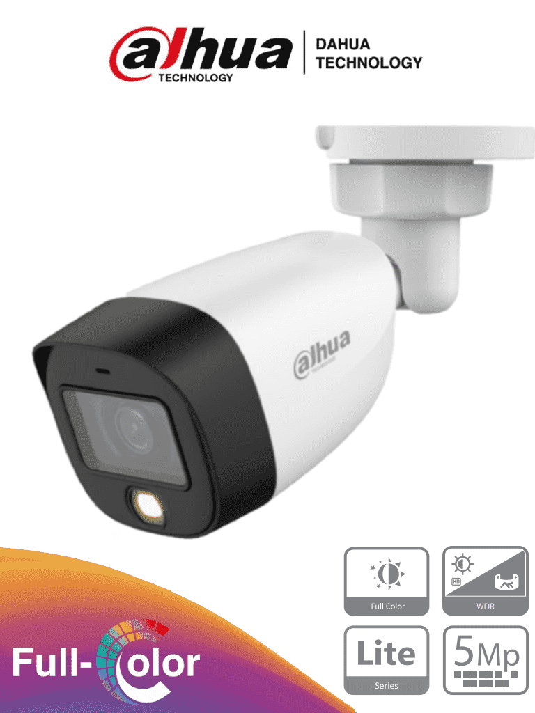 Cámara Bala (Bullet) Full Color, 5 MP, Lente 2.8 mm, 112 Grados Apertura, Leds 20 Mts, WDR 120 dB, Starlight, IP67, DAHUA DH-HAC-HFW1509CN-LED-0280B