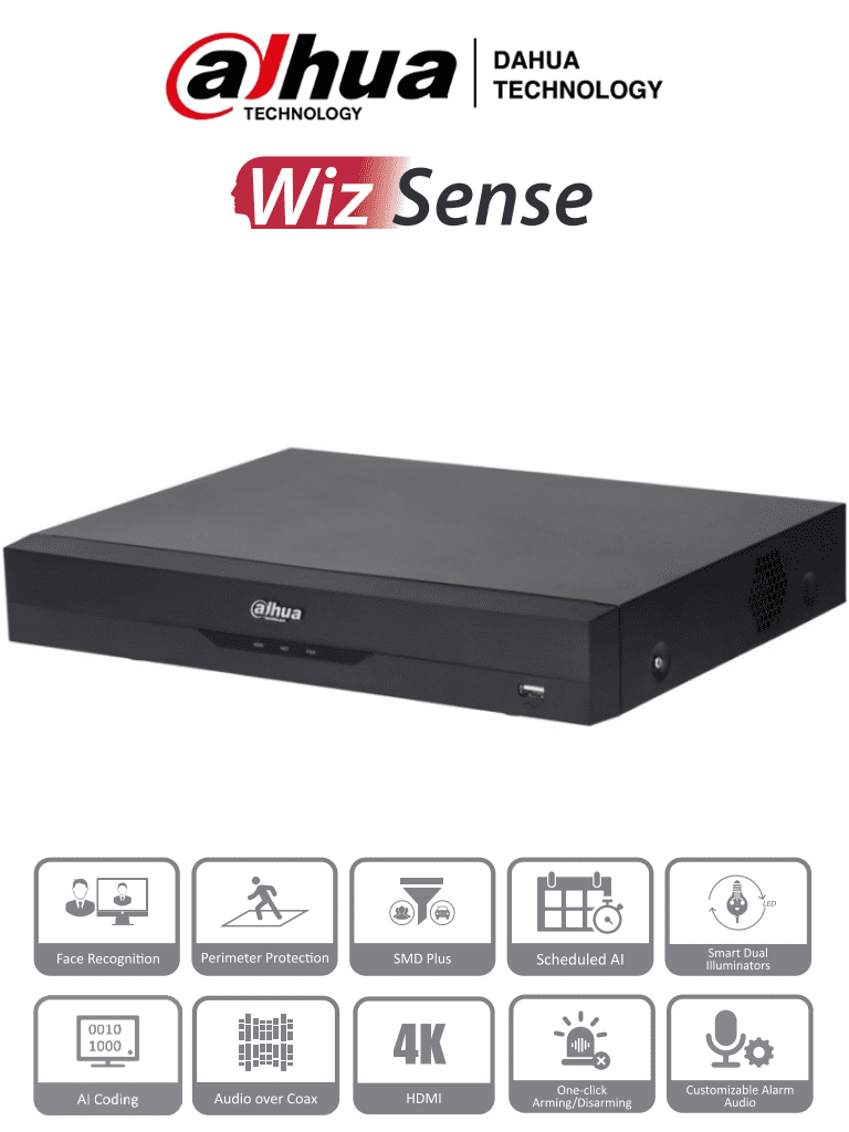 DVR 16 Canales 4K, 8 MP, WizSense, IA, H.265+, 16 Canales + 16 IP, Hasta 32 Ch IP/ 2 Canales de Reconocimiento Facial, SDM Plus, Codificación con IA, 1 Bahía HDD, Funciones IoT & POS, DAHUA DH-XVR5116H-4KL-I3