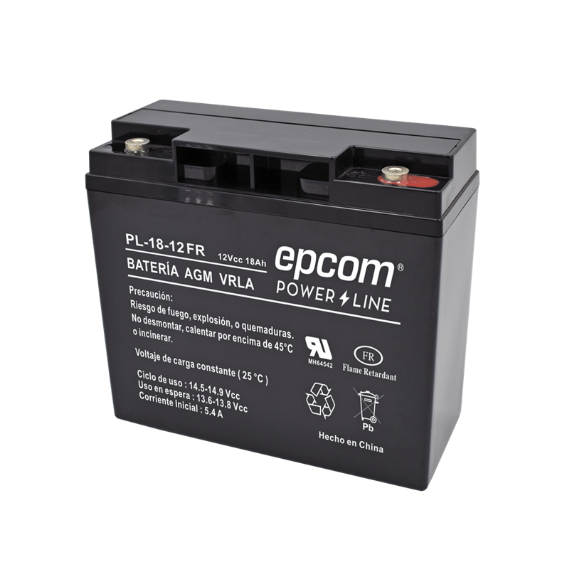 Batería de Respaldo, 12V, 18Ah, UL, Tecnología AGM-VRLA, Retardante a la Flama, Para Uso Equipo Electrónico / Alarmas de Intrusión / Incendio / Control de Acceso / Video Vigilancia / Terminales Tipo M5 (HEX), EPCOM PL-18-12-FR