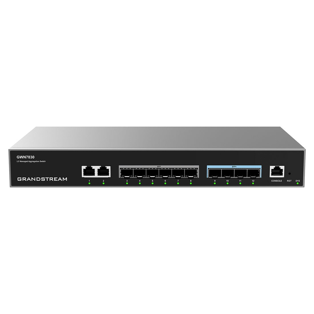 Switch Gigabit Ethernet, 2 Puertos 10/100/1000Mbps + 10 Puertos SFP+, 96Gbit/s, 16.000 Entradas - Administrable, GRANDSTREAM GWN7830