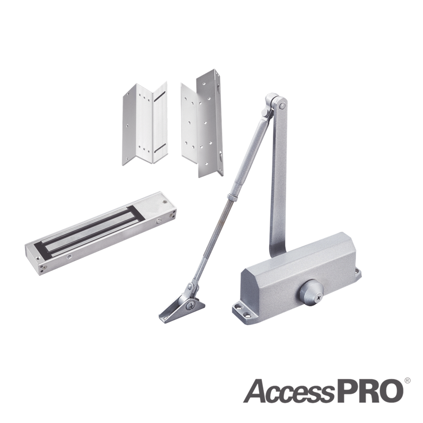 Kit para Control de Acceso, Incluye Chapa Magnética de 600 Lbs, Montajes L y Z, Cierra Puerta para 45-65 Kg, ACCESSPRO ACCESSKIT600N
