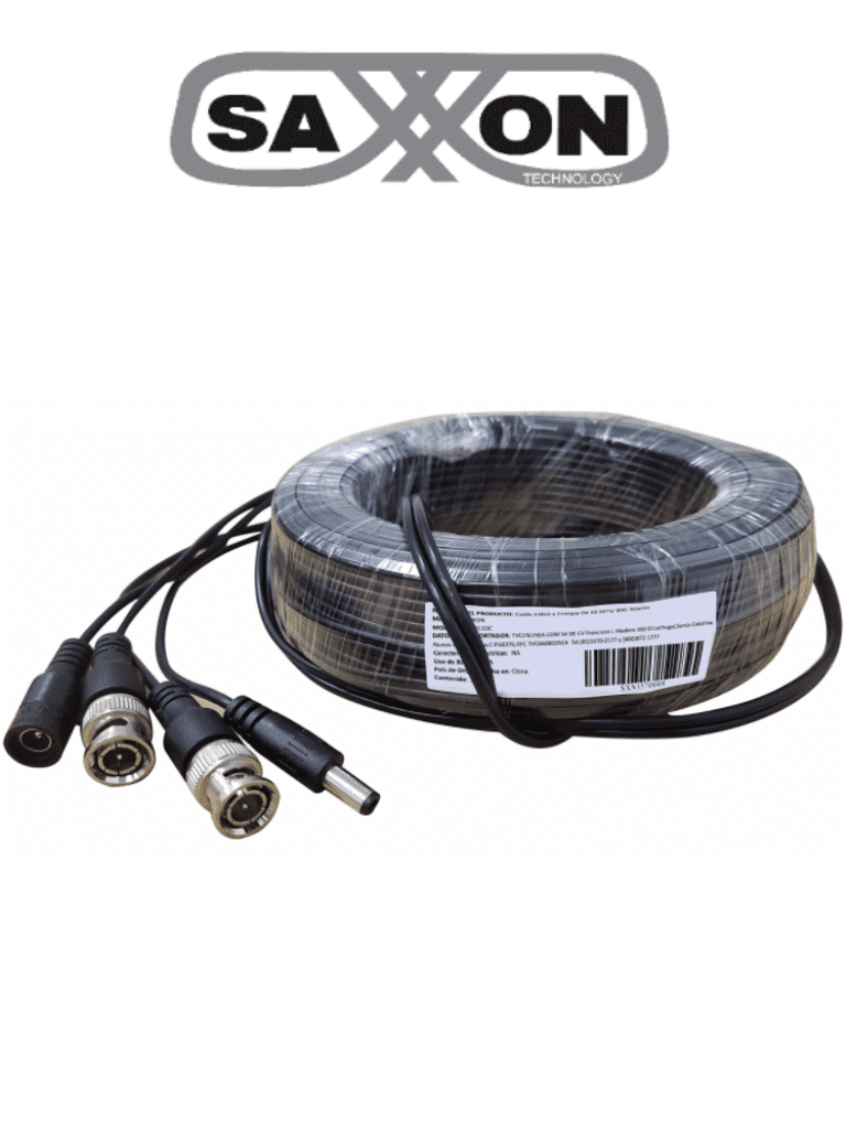 Cable de 10 Metros Armado para Video y Energía, Para Cámaras hasta 8 MP, con Conectores BNC y de Energía, Uso Interior, Cable de Video 100% Cobre, 12W, Soporta AHD/CVI/TVI/CVBS, SAXXON WB0110C