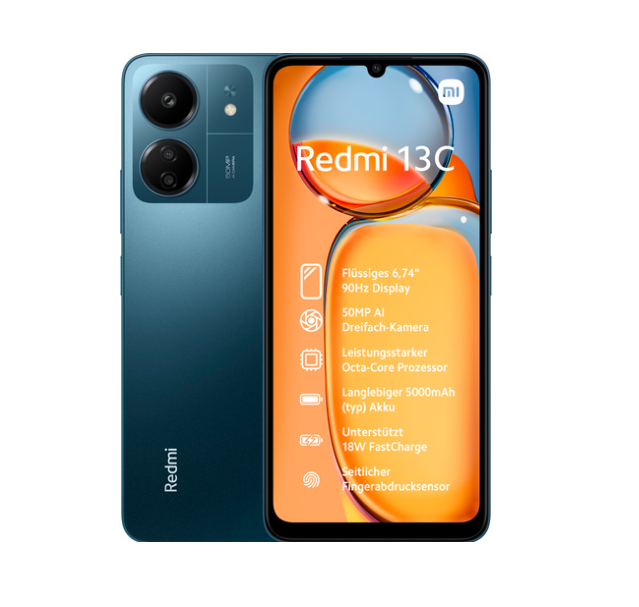 Smartphone Redmi 13C, CPU Helio G85, RAM 4GB, ROM 128GB, LED Multi Touch 6.74", HD+, BT 5.3, Wi-Fi 5, Cámara Ppal 50MP, Android 13, Color Azul, XIAOMI 13C-4+128-Azul