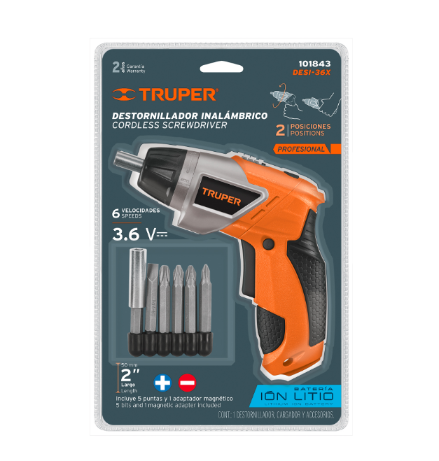 Destornillador Inalámbrico 3.6 V, 2 Posiciones, TRUPER DESI-36X
