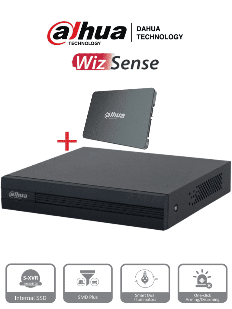 DVR de 4 Canales 1080p Lite, SSD 512GB, S-XVR Series, WizSense, H.265+, 4 Canales con SMD Plus, Búsqueda Inteligente (Humanos y Vehículos), DAHUA DH-XVR1B04-I-SSD