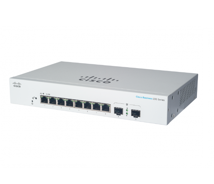 Switch CBS220 Administrable Smart Capa 2, 8 Puertos Gigabit Ethernet, PoE+ con 130W Totales, 2 Puertos SFP (2x1G), CISCO CBS220-8FP-E-2G-N
