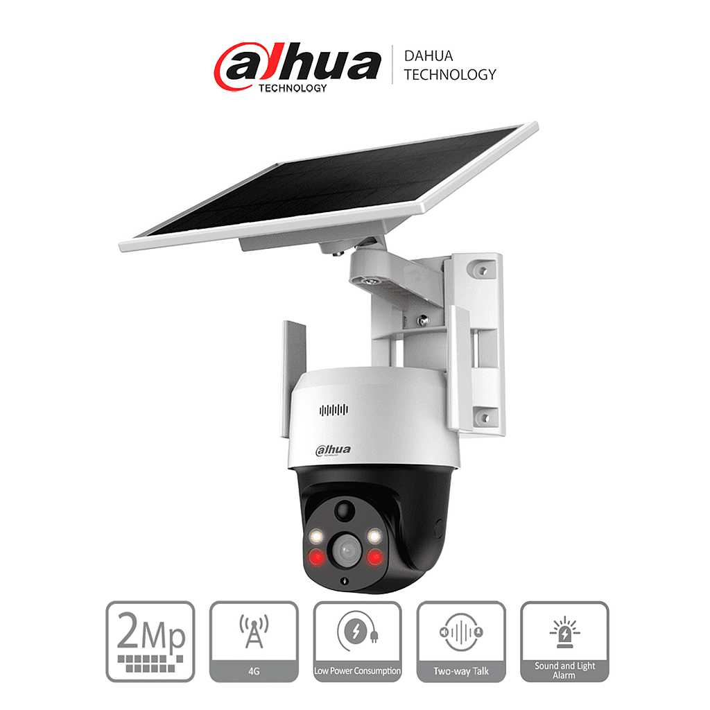 Cámara IP PT 4G, 2 MP, Luz Cálida 30 Metros, IP66, LED IR 30m, Panel Solar, H.265, Audio Bidireccional, Ranura Micro SD, Alarma de Luz y Sonido, DAHUA DH-SD2A200HB-GN-AGQ-PV-SP-LA