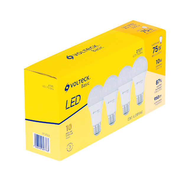 Pack de 4 Lámparas VOLTECK de LED A19 10 W, Luz Cálida, Caja, Basic, TRUPER LED-75CBX4