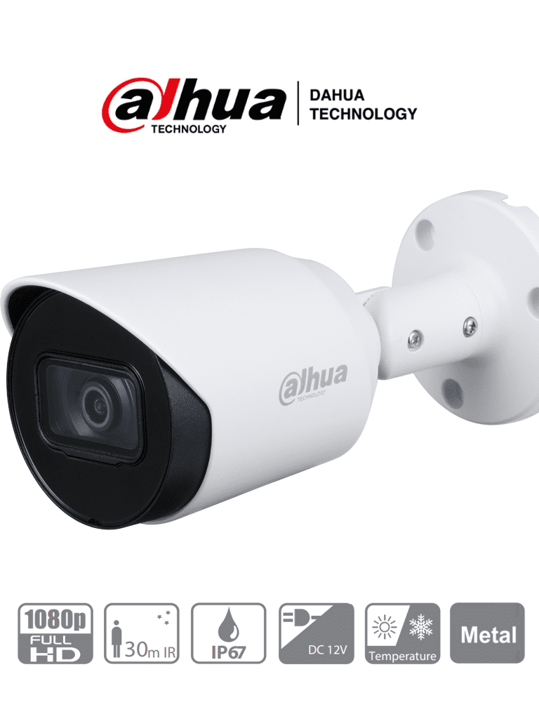 Cámara Bala (Bullet) HDCVI 1080p, 83 Grados Apertura, Lente 3.6mm, IR 30 Metros, IP67, TVI AHD y CVBS, Metilica DAHUA DH-HAC-HFW1200TN-0360B-S4