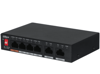 Switch PoE, 6 Puertos Fast Ethernet, 4 Puertos PoE 10/100, 2 Puertos Uplink 10/100, 60 Watts Totales, Switching 1.8 Gbps, Protección de Descargas, DAHUA DH-PFS3006-4ET-60
