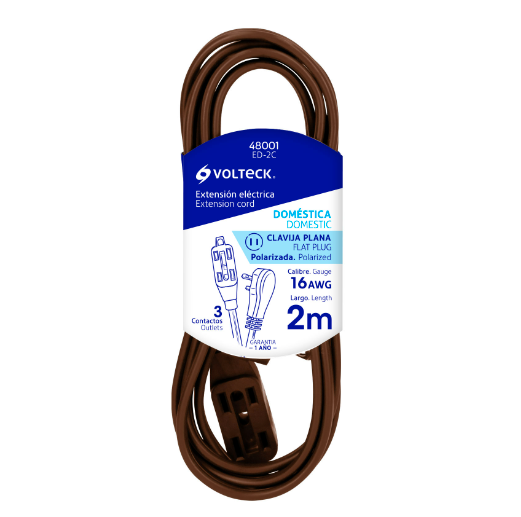 Extensión Eléctrica Doméstica Volteck, 2 Metros, Clavija Plana, Color Café, TRUPER ED-2C