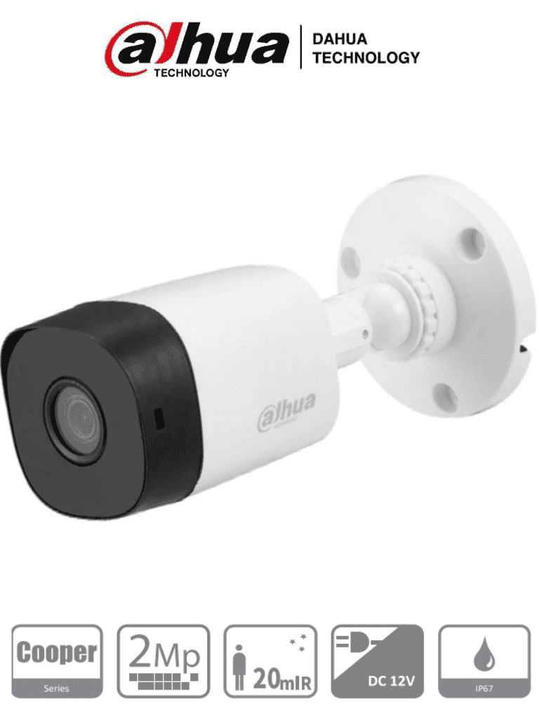 Cámara Bala (Bullet) HDCVI 1080p, 100 Grados de Apertura, Lente 2.8mm, IR 20 Metros, IP67, TVI AHD y CVBS, DAHUA DH-HAC-B1A21N
