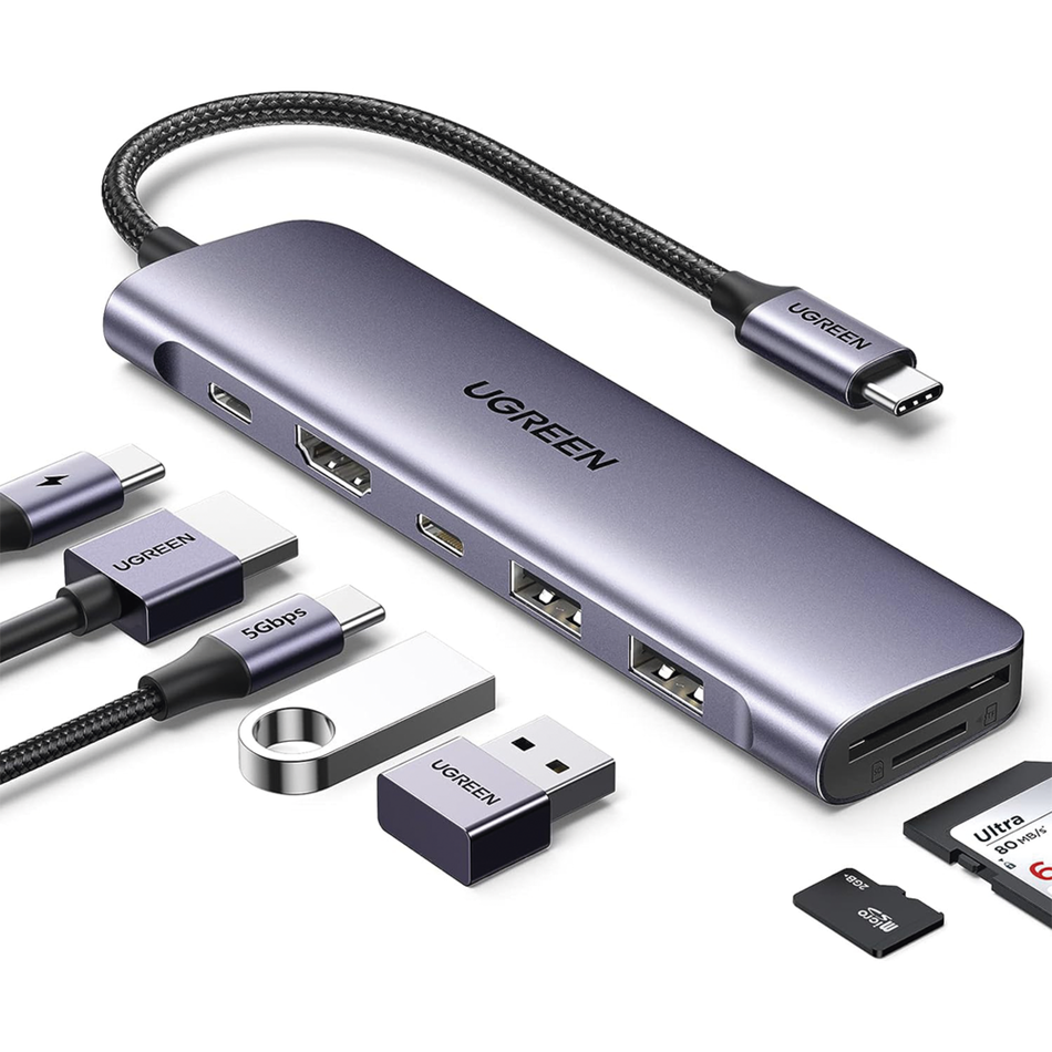 HUB USB-C (Docking Revodok) 7 en 1, 2 USB-A 3.0, 1 USB-C 3.0 (5Gbps), 1 USB-C PD Carga 100W, HDMI 4K, Lector Tarjetas SD + Micro SD (TF) Uso Simultáneo, Chip de Última Gen, Cable de Nylon Trenzado, Caja de Aluminio, UGREEN 15214