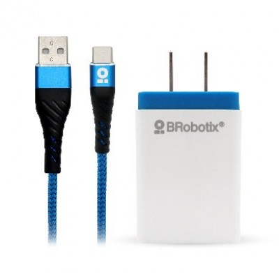 Cargador de Pared USB A/Cable, Tipo USB A a C, Carga Rápida, Blanco-Azul, 5V, 1 Puerto USB 3.0, BROBOTIX 963332