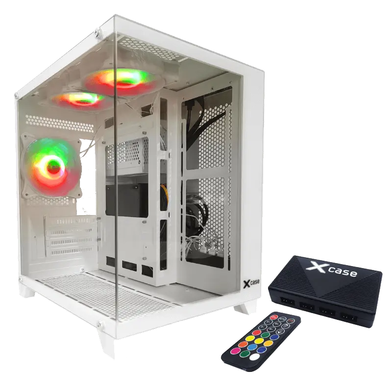Gabinete Gamer Cube, Media Torre, ATX/Micro-ATX/Mini-ITX, 3 Ventiladores Aura Sync, Panel Lateral y Frontal Cristal, Blanco, XCASE GGCUBE3TO-B
