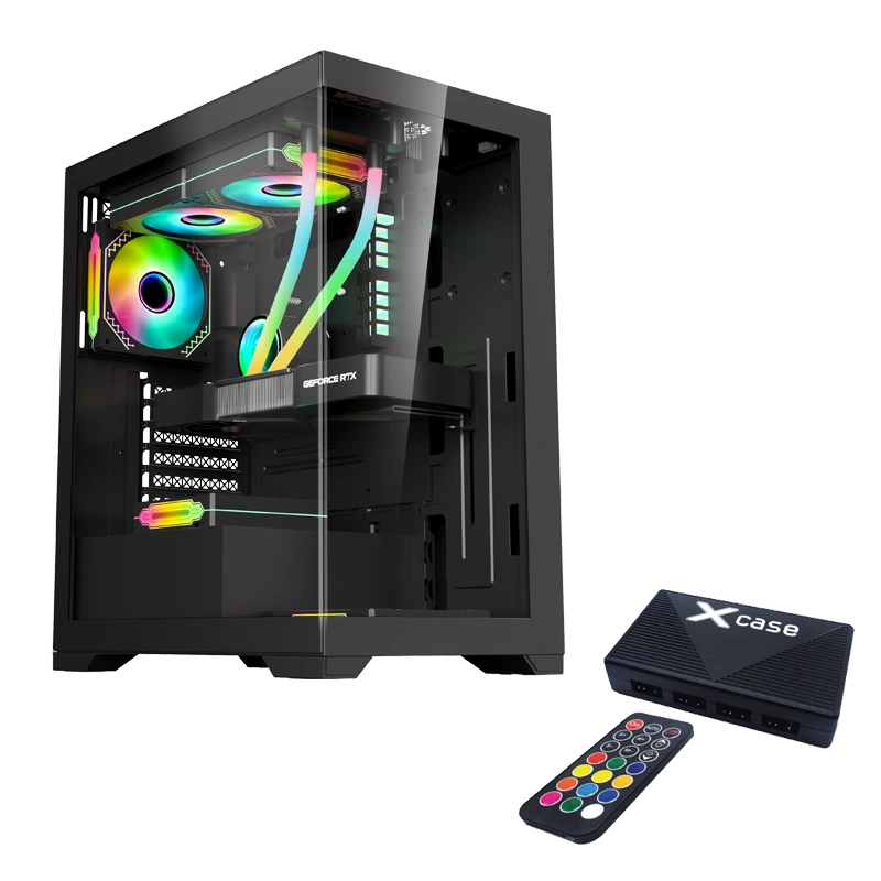Gabinete Gamer Titanium, Media Torre, ATX/Micro-ATX/Mini-ITX, 3 Ventiladores Aura Sync, Panel Lateral, Negro, XCASE GGTITA3SP-N