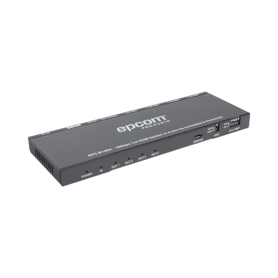 Splitter HDMI 1x4, 1 Entrada a 4 Salidas (Simultáneas), 4K@60Hz, Extractor de Audio, Down Scaler, HDR 4:4:4, EDID, 18Gbps, EPCOM EPC-B14SA