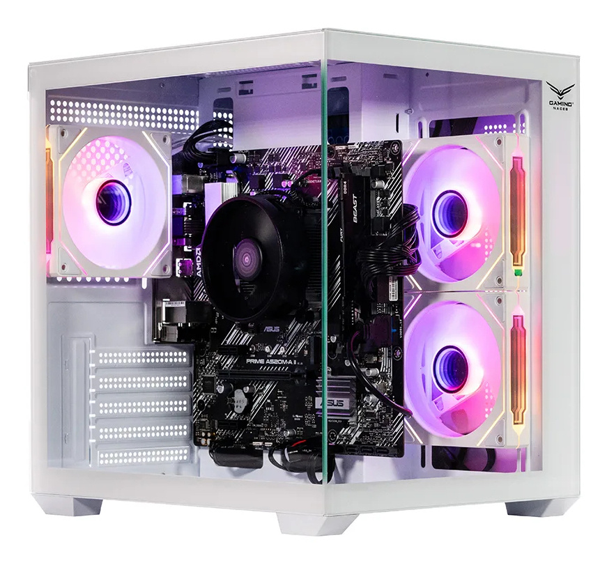 Gabinete Gamer Mini Torre, Mini-iTX/Micro-ATX, Panel Lateral y Frontal de Cristal Templado, 3 Ventiladores Instalados, Iluminación RGB, No Incluye Fuente de Poder, Blanco, NACEB NA-0636B