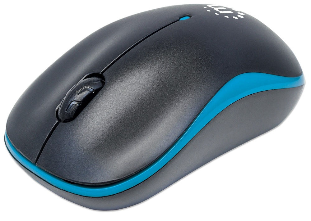 Ratón (Mouse) Óptico Modelo Success, Interfaz USB, Inalámbrico, Hasta 1000 DPI, Color Negro/Azul, MANHATTAN 179416