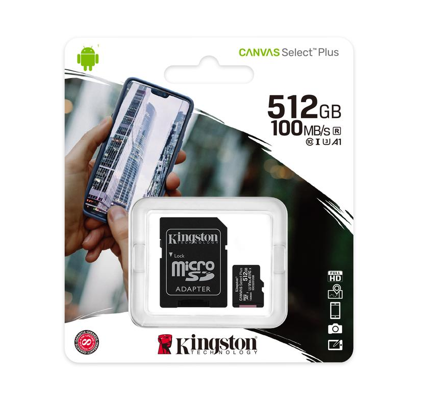 Memoria Flash MicroSDXC UHS-I U1 Canvas Select Plus, Capacidad 512GB, Gen 3, 150 MB/s, Clase 10, Incluye Adaptador, KINGSTON SDCS3/512GB