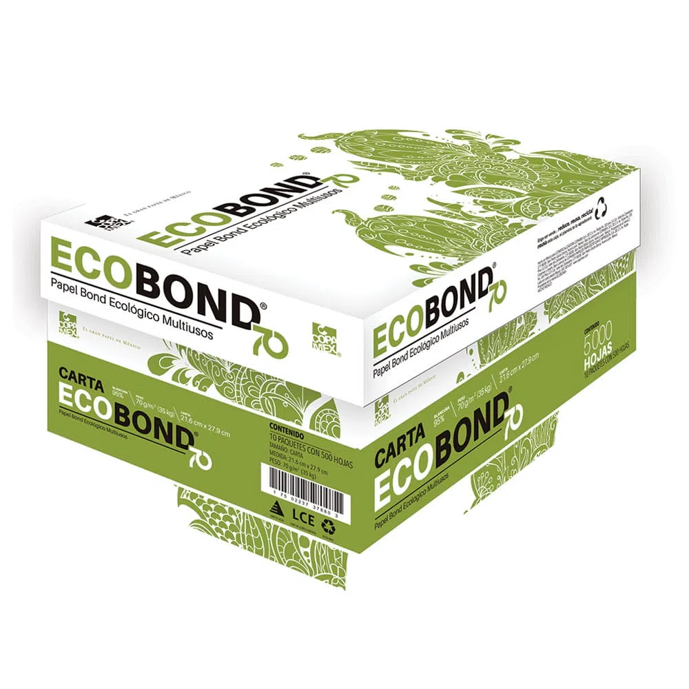 Caja de Papel Modelo Ecobond Tamaño Carta, Color Blanco, 70 Gramos, Blancura 95%, Contenido 10 Remas de 500 Hojas C/U, COPAMEX 17502237378803