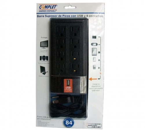 Supresor de Picos, 8 Contactos + 1 x USB (5V-1A), 120V, 504 Joules, COMPLET BRC-1-005