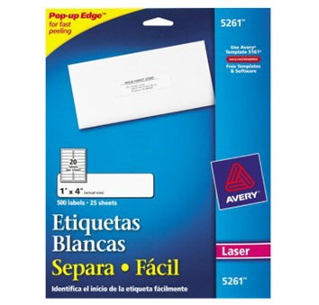 Etiqueta Adhesiva P/ Envío, 2.5 x 10.2 Centímetros, 20 Etiquetas por Hoja, Color Blanco, AVERY DENNISON 5261
