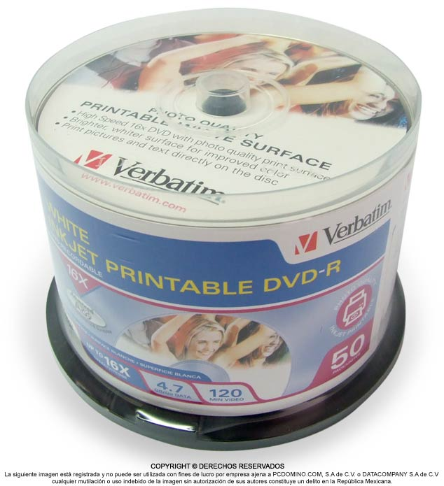 Disco Compacto Verbatim DVD-R 4.7GB 16X Imprimible Torre de 50 piezas