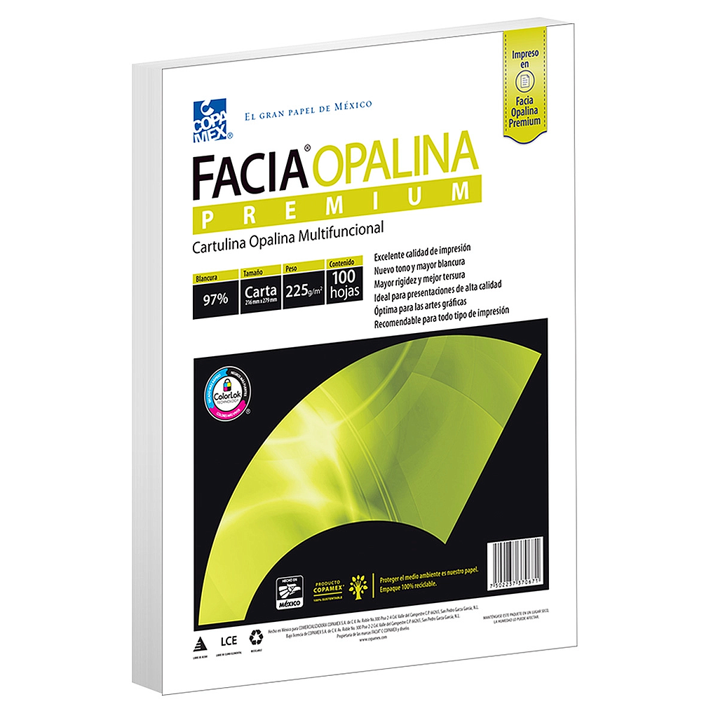 Cartulina Opalina, Tamaño Carta, Blancura 97%, 225 gr, 100 Hojas, COPAMEX COB100