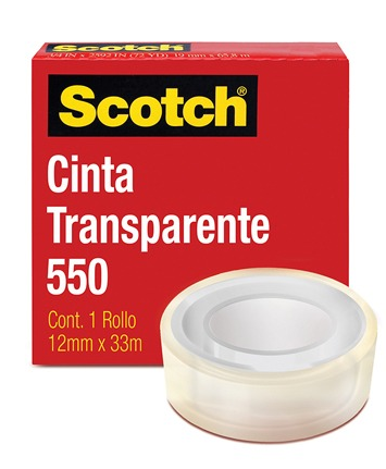 Cinta Adhesiva Scotch, Modelo 550, 12 mm x 33 Metros, Transparente, 3M 550-12X33