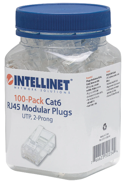 Bote C/ 100 Conectores RJ45, P/ Cable Cat 6, Uso Interior, INTELLINET 502344