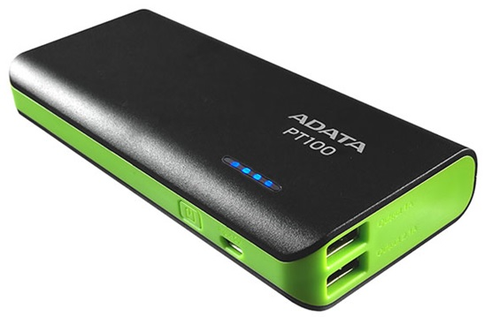 Cargador Portátil (Power Bank) Adata PT100, Capacidad 10,000mAh, Salidas 5V-2A / 5V-2.1A, Color Negro/Verde, APT100-10000M-5V-CBKGR
