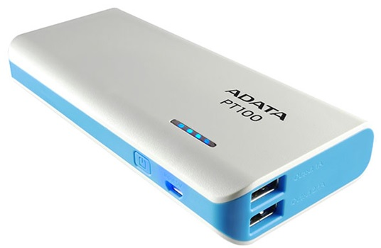 Cargador Portátil (Power Bank) Adata PT100, Capacidad 10,000mAh, Salidas 5V-2A / 5V-2.1A, Color Blanco/Azul, APT100-10000M-5V-CWHBL