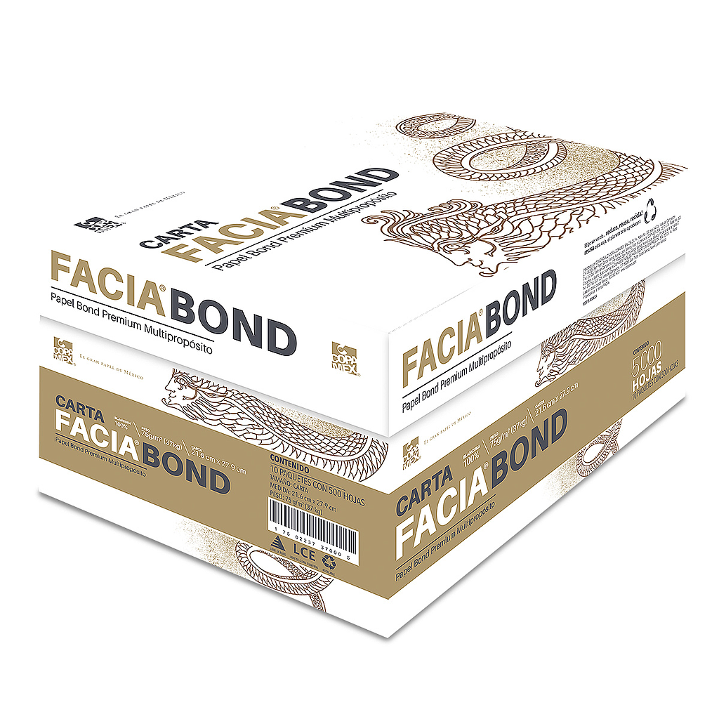 Caja de Papel Modelo FACIA BOND Tamaño Carta, Color Blanco, 75 Gramos, Blancura 99%, Contenido 10 Remas de 500 Hojas C/U, COPAMEX 17502237370005