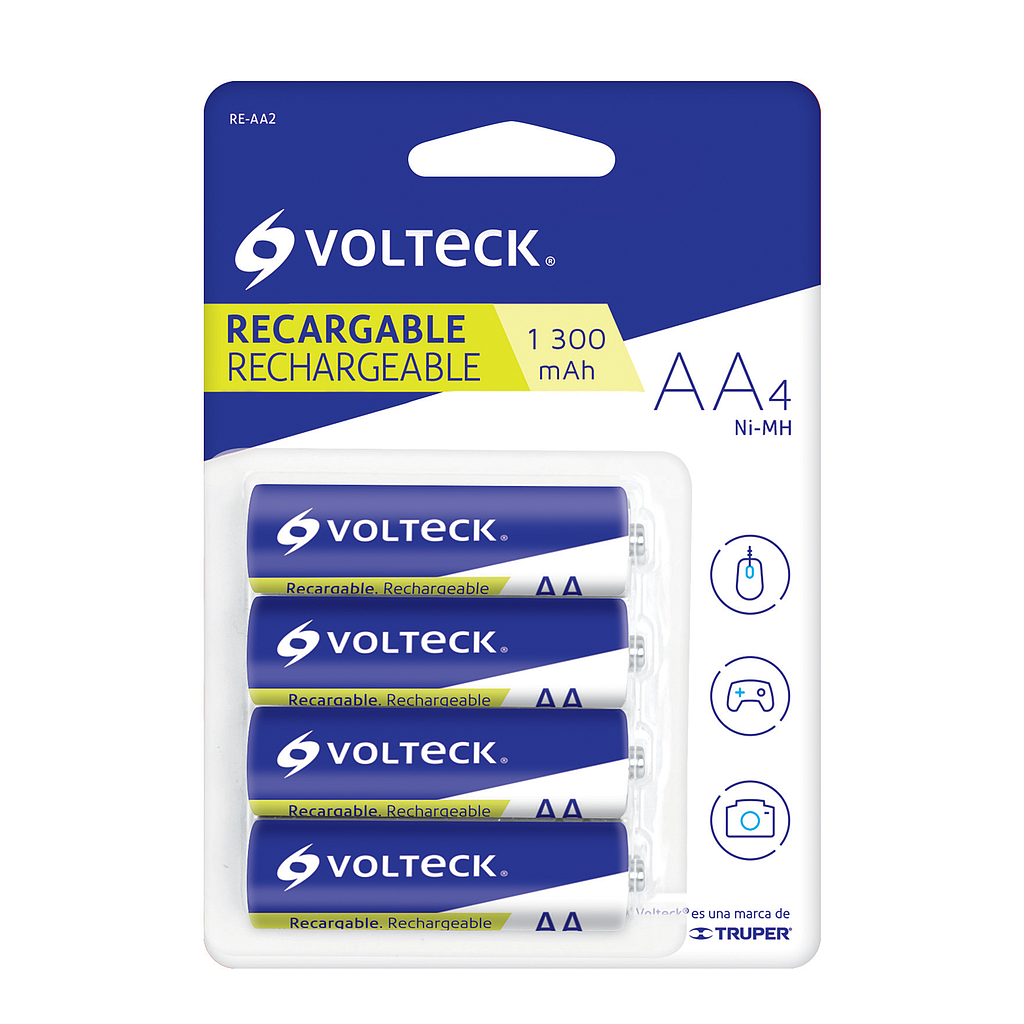 Pila Recargable VOLTECK, Tamaño AA, Voltaje 1.2 V, Capacidad 1,300 mAh, 4 Piezas, TRUPER RE-AA2
