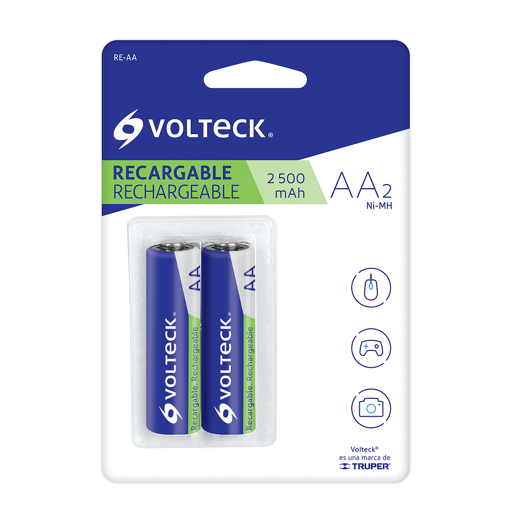 Pila Recargable VOLTECK, Tamaño AA, Voltaje 1.2 V, Capacidad 2,500 mAh, 2 Piezas, TRUPER RE-AA