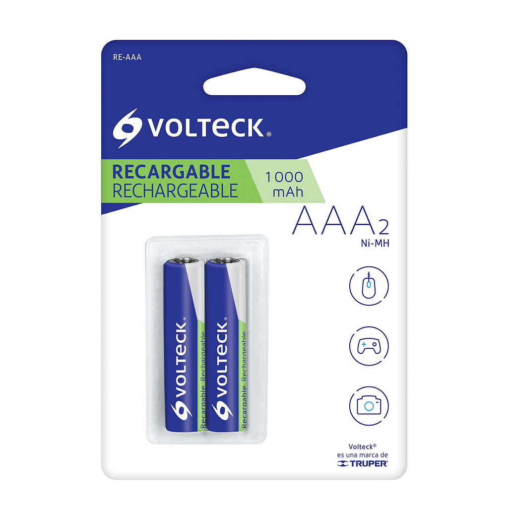 Pila Recargable VOLTECK, Tamaño AAA, Voltaje 1.2 V, Capacidad 1,000 mAh, 2 Piezas, TRUPER RE-AAA