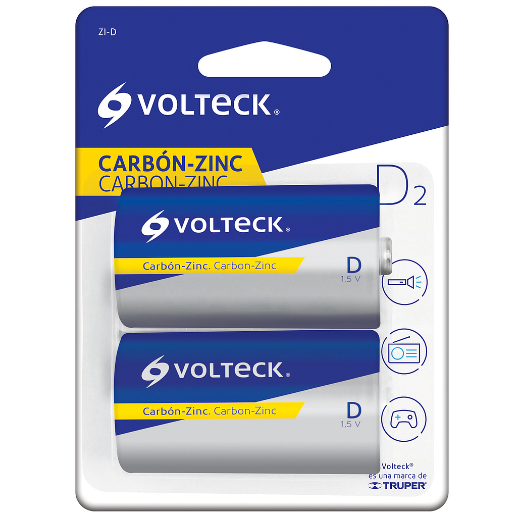 Pila Zinc VOLTECK, Tamaño D, Voltaje 1.5 V, 2 Piezas, TRUPER ZI-D