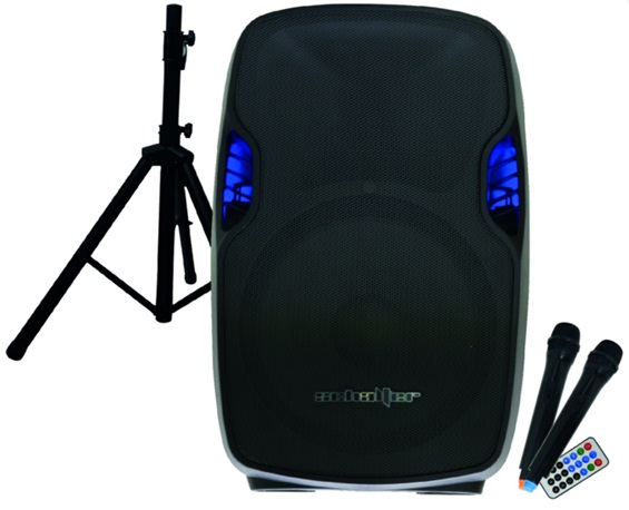 Bocina (Bafle Bi Amplificado), 15", RMS 3500W, Conexión Bluetooth / USB / SD , Color Negro, Incluye Pedestal y Micrófono lnámbrico, SCHALTER S-15AW
