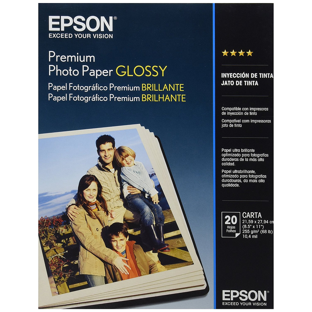 Paquete de Papel 8.5"x11" Carta Fotografico PREMIUM Satinado, 20 Hojas, EPSON S041286-ML