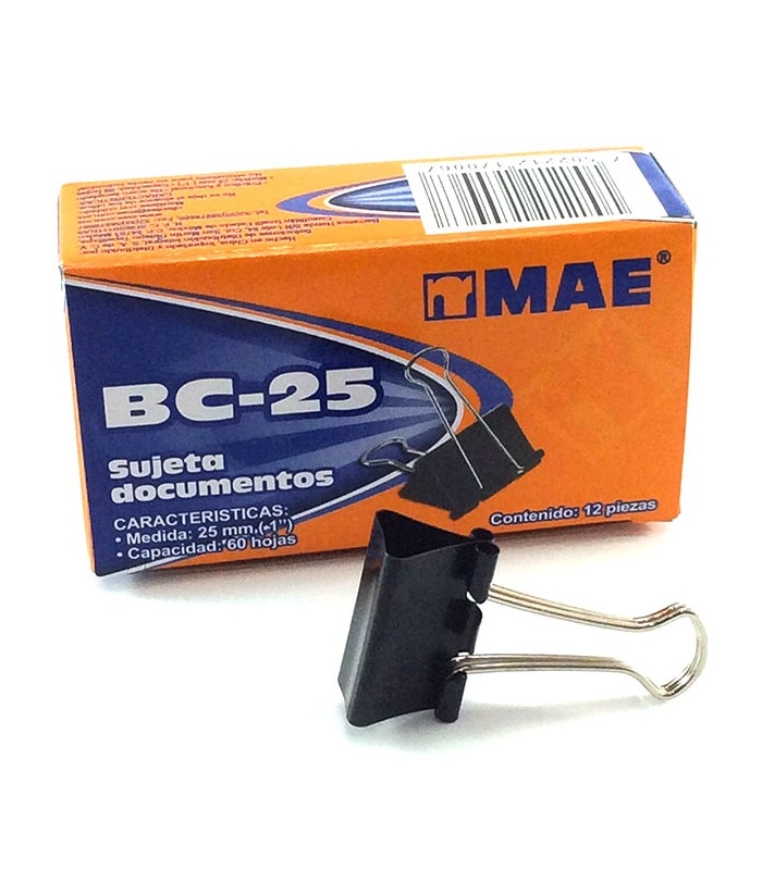 Sujetadocumentos, 25 mm (1"), 12 Piezas, Acero Templado, MAE BC-25