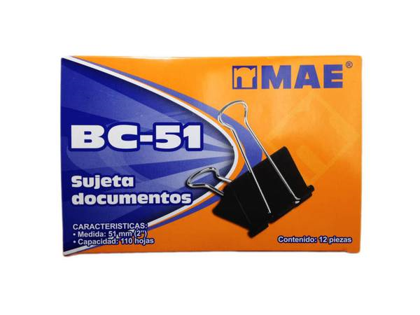 Sujetadocumentos, 51 mm (2"), 12 Piezas, Acero Templado, MAE BC-51