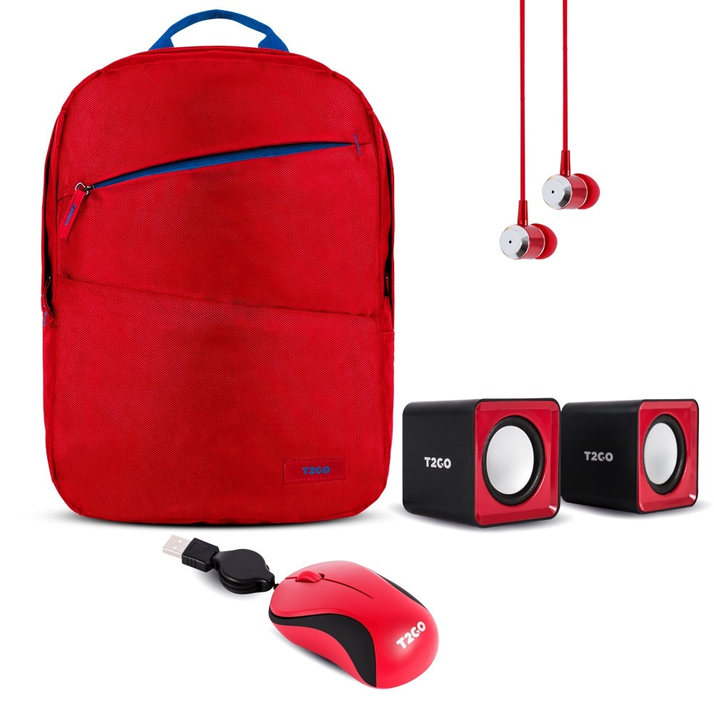 BackPack + Bocinas + Mouse Alámbrico + Audífonos Alámbricos | Color Rojo| BackPack Hasta 15.6” | Tech2Go TG-P86874